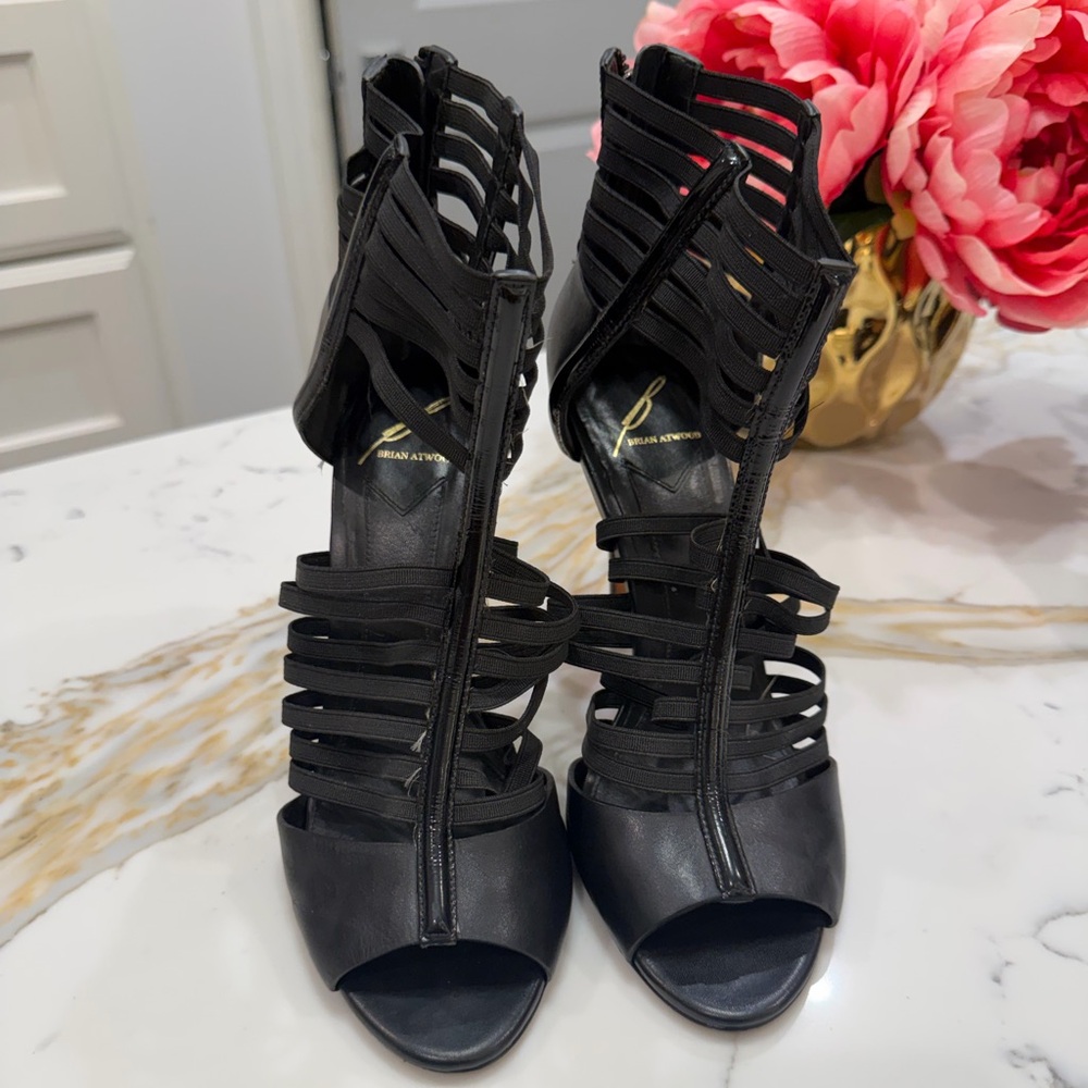 Brian Atwood Black Strappy Cage Sandals Stiletto Heels Size 6.5